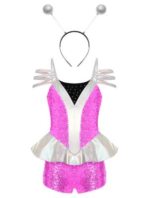 Kids Girls Alien Costume Sleeveless Sequins Jumpsuit with Headwear