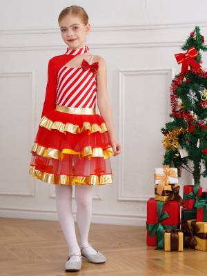 Kids Girls Christmas Asymmetrical Shoulder Stripes Tiered Mesh Tutu Dress front image
