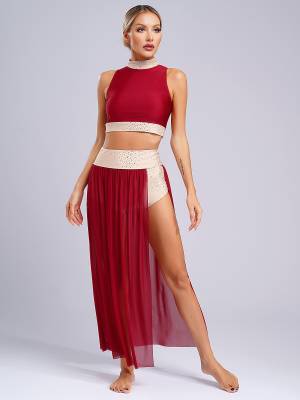 Women 2pcs Sleeveless Crop Top and Side Split Mesh Skirt Lyrical Dance Set front image