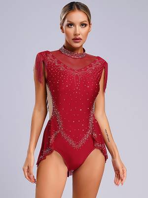 Women Sleeveless Rhinestones Sheer Mesh Patchwork Tassel Lyrical Dance Leotard front image