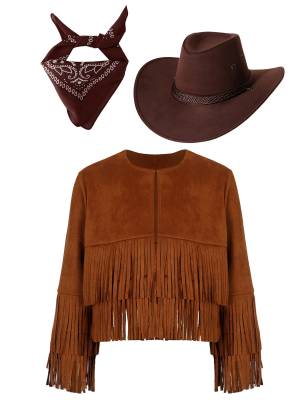Kids 3pcs Cowboy Cowgirl Long Sleeve Tassels Vest with Hat and Bandanna Set