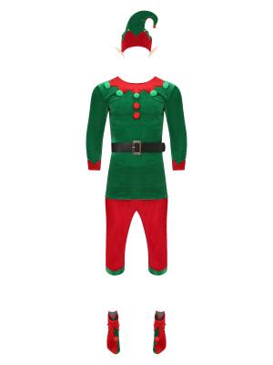 Men 7pcs Long Sleeve Top and Pants with Shoes Stockings Christmas Elf Costume front image