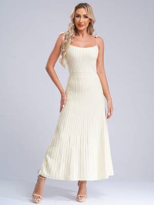 Women Sleeveless Knottable Shoulder Straps Maxi Knitted Dress for Party front image