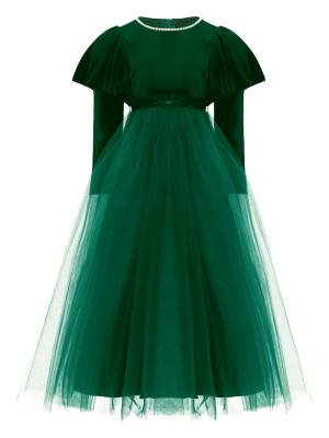 Kids Girls Long Sleeve Pearl Beaded High Waist Tulle Birthday Party Dress