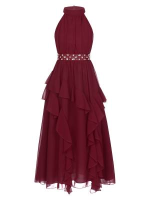 Kids Girls Sleeveless Halter Neck Tiered Ruffle Chiffon Party Dress with Belt front image
