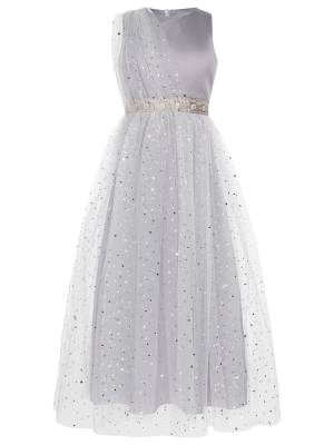 Kids Girls Sleeveless Round Neck Sequined Tulle Maxi Dress for Birthday