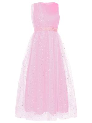Kids Girls Sleeveless Round Neck Sequined Tulle Maxi Dress for Birthday front image