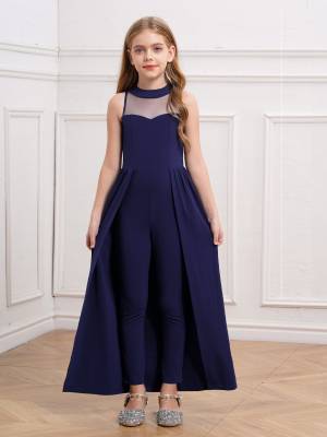 Kids Girls Sleeveless Mesh Solid Color Overlay Jumpsuit Dress front image