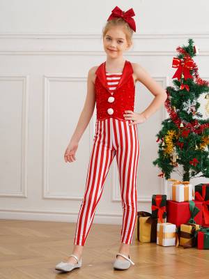 Kids Girl Christmas Sleeveless 2-in-1 Sequins Stripe Jumpsuit for Dance front image