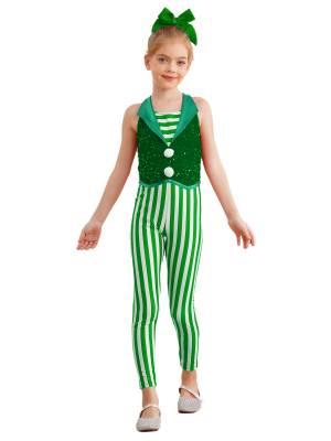 Kids Girl Christmas Sleeveless 2-in-1 Sequins Stripe Jumpsuit for Dance front image