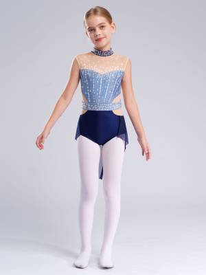 Kids Girls Sleeveless Shiny Rhinestones Mesh Skirted Leotard for Skating