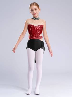 Kids Girls Mock Neck Sleeveless Rhinestones Skirted Leotard for Lyrical Dance front image