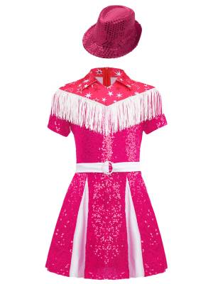 Kids Girl Short Sleeve Fringe Sequins Pleated Cowgirl Costume Dress with Hat
