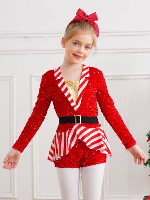 Kids Girl Christmas Lapel Collar Long Sleeve Sequins Stripes Romper front image