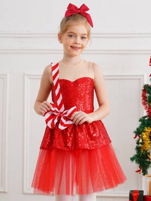 Kids Girl Christmas Sleeveless Sequins Ruffle Stripes Mesh Tutu Dress front image
