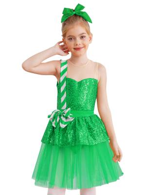 Kids Girl Christmas Sleeveless Sequins Ruffle Stripes Mesh Tutu Dress front image