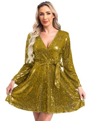 Women Long Sleeve V-neck Solid Color Sequins A-line Cocktail Dress