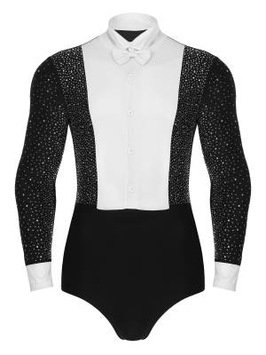 Men Long Sleeves Shiny Rhinestones Colorblock Latin Dance Leotard with Bowtie front image