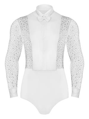Men Long Sleeves Shiny Rhinestones Colorblock Latin Dance Leotard with Bowtie front image