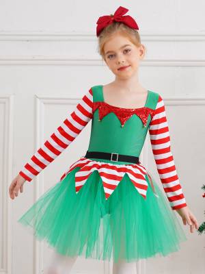 Kids Girl Long Sleeve Square Neck Stripes Tulle Tutu Dress Christmas Elf Costume front image