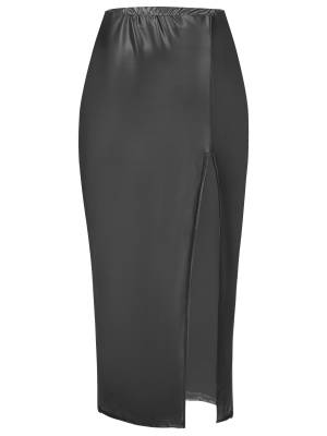 Women Hottie High Waist Slit PU Leather Pencil Cocktail Skirt front image