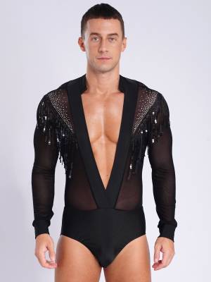 Men Long Sleeve Deep V-neck Mesh Sequined Tassels Latin Dance Leotard front image