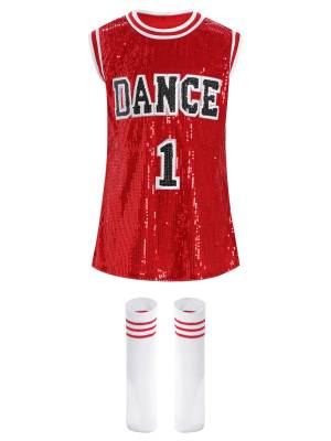 Kids Girls Sparkly Sequins Sleeveless Dress with Socks for Hip-Hop Jazz Dance front image