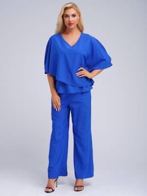 Women 2pcs Half Sleeve V-neck Tops and Pants Set for Party