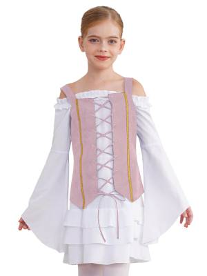 Girls 2pcs Long Sleeve Ruffle Dress and Suede Vest Halloween Pirate Costume Sets front image