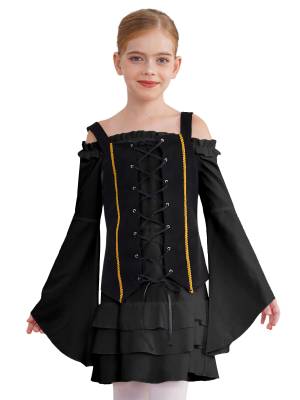 Girls 2pcs Long Sleeve Ruffle Dress and Suede Vest Halloween Pirate Costume Sets front image