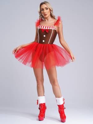 Women Christmas Gingerbread Flutter Sleeve Bowknot Striped Mesh Tutu Dress front image