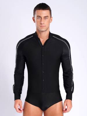 Men Long Sleeve Stand Collar Front Button Rhinestones Latin Dance Leotard front image
