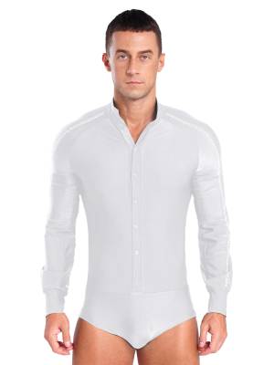 Men Long Sleeve Stand Collar Front Button Rhinestones Latin Dance Leotard front image