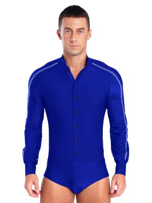 Men Long Sleeve Stand Collar Front Button Rhinestones Latin Dance Leotard front image