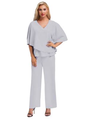 Women 2pcs Half Sleeve V-neck Tops and Pants Set for Party front image