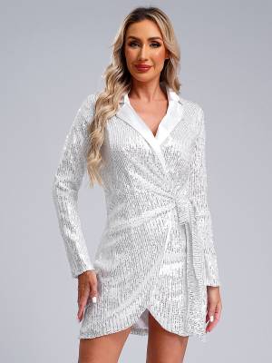 Women Long Sleeve V-neck Sequin Cocktail Dress front image