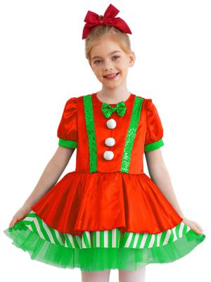 Kids Girls Christmas Short Sleeve Sequins Striped Tutu Dress Candy Cane Costume
