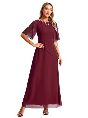 Women Short Sleeve Chiffon Beading Wedding Guest Maxi Dress