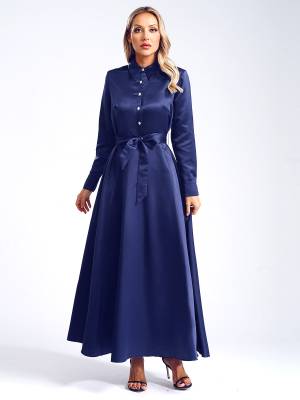 Women Long Sleeve Front Button Satin Maxi Dress with Belt for Evening Party front image