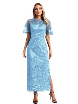 Women Short Sleeve Round Neck Sequin Slit Embroidery Mesh Mother of Bride Dress