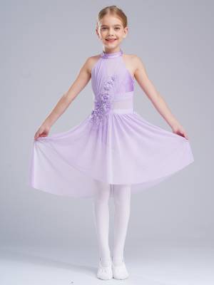 Kids Girls Sleeveless Flower Applique Asymmetrical Lyrical Dance Dress front image