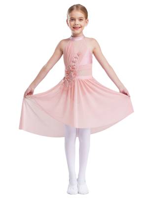 Kids Girls Sleeveless Flower Applique Asymmetrical Lyrical Dance Dress