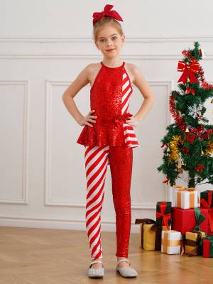 Girls Christmas Sleeveless Halter Neck Peplum Stripes Sequins Jumpsuit front image