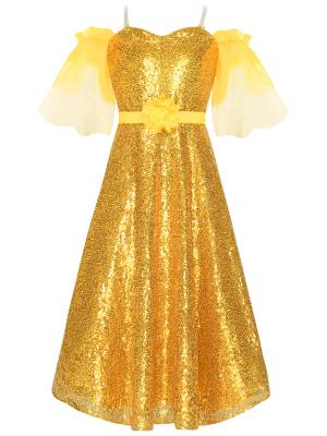 Kids Girls Short Sleeve Off the Shoulder Sequins A-line Junior Bridesmaid Dress front image