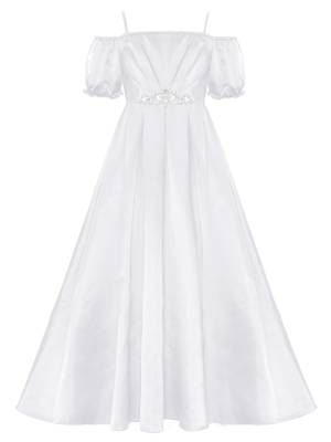 Girls Short Sleeve Off-the-shoulder Pearl and Diamond Beaded Ball Gown Dress