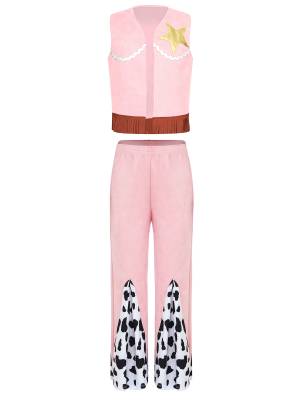 Girls 2pcs Sleeveless Star Fringe Vest and Cow Print Pants Cowboy Costume Set front image