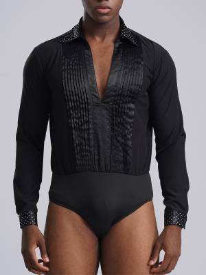 Men V-neck Long Sleeve Rhinestones Latin Dance Leotard front image