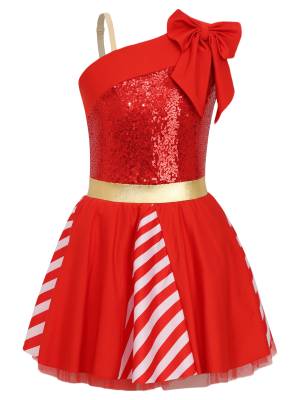 Kids Girl Christmas Sleeveless One Shoulder Sequins Stripes Tutu Dress front image