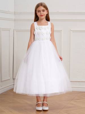 Kids Girls Sleeveless Floral Embellished Mesh Flower Girl Dress for Communion front image