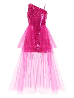 Kids Girls One Shoulder Sleeveless Sequin Mesh Prom Dress